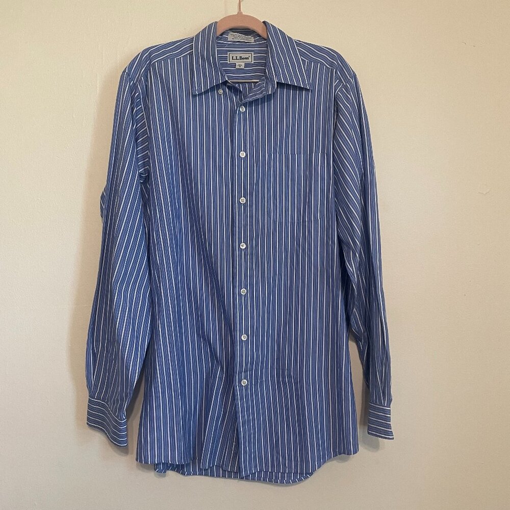 L.L. Bean | Blue White Striped Cotton Blend Long Sleeve Dress Shirt 15.5 x 36